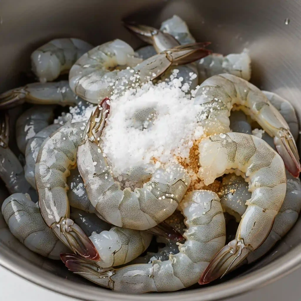toss the raw, peeled shrimp with a bit of kosher salt and a pinch of baking soda